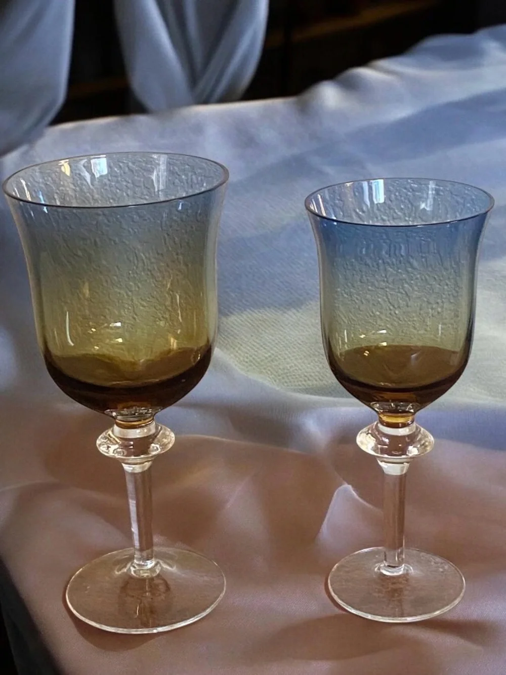 Rare Pair Vtg Ombre Blue & Amber Stemmed water Wine Glasses Handblown Sweden